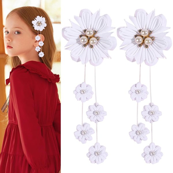 White Flower Hair Clips Cute Flower Tassels Hair Clip White Pearl Jewel Hairgrips Design Fashion Floral Girl Bow Alligator Clips Hair Decoration for Women Girl 2Pcs (White flower Tassels)