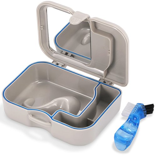 Annhua Denture Cup Bath Box Case with Mirror and Cleaning Brush, Dental Case with Brush Retainer Cleaning Case Mouth Guard Storage Soaking Cup Holder for Travel, Office, Household Use