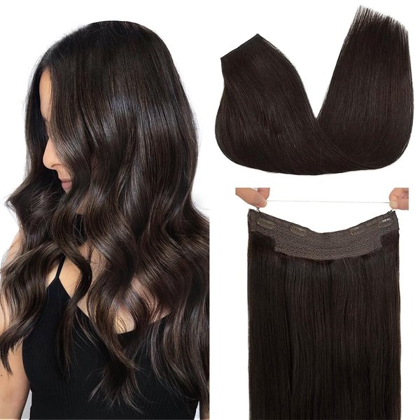 GOO GOO Wire Hair Extensions Human Hair, 2 Dark Brown Natural 16inch 95g, Invisible Wire Hair Extensions with Transparent, Seamless Fish Line Hairpiece