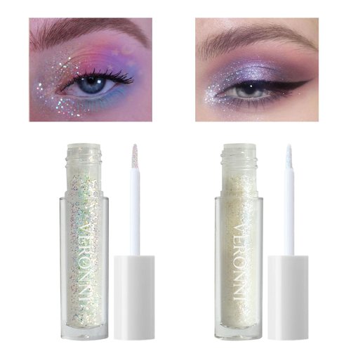 CHARMFORYOU Liquid Glitter Eyeshadow Gel Holographic & Silver Glitter Eye Shadow Makeup Set 2 pcs Shimmer Liquid Eyeshadow Waterproof Long Lasting Shiny Body Glitter Shadow for Women Girls(#01#03)