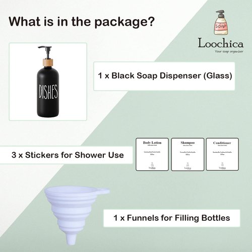 LOOCHICA Black Glass Kitchen Soap Dispenser, Detergent Dispenser or Dish Soap Dispenser for Kitchen Sink, Black Soap Dispenser, Modern Farmhouse Decor Dish Soap Pump for Kitchen Organization