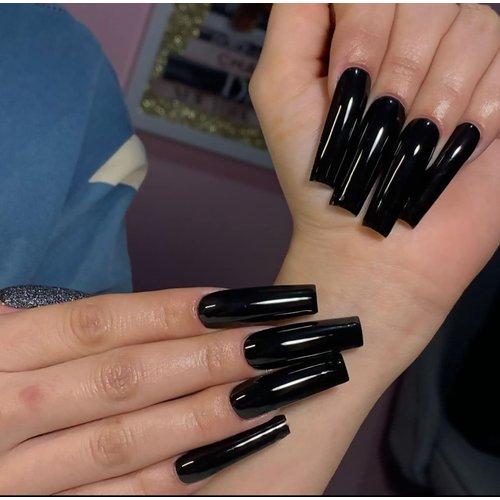 MISUD Square Fake Nails, Black Press on Nails, Glossy Squoval False Nails, Extra Long Artificial Glue on Nails for Women and Girls