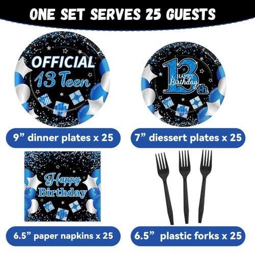 100 Pcs 13th Birthday Decorations for Boys Official Teen 13th Supplies Plates Napkins Forks Set Disposable Blue 13th Birthday Tableware Paper Plates Dinnerware for Kids Teenager Favors Serve 25