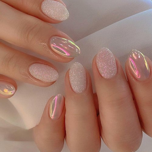 RUPOFUZA Almond Press on Nails Short Round Fake Nails Chrome Gloss False Nails with Glitte Powder Designs Acrylic Nails Press on Artificial Nails Stick on Nails for Women 24Pcs