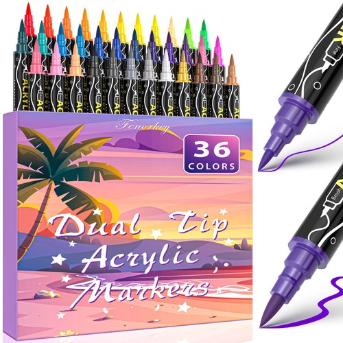 36 Colors Acrylic Paint Markers, Dual Tip Acrylic Paint Pens with Premium Fine Tip and Brush Tip for Stone, Wood, Paper, Canvas, Fabric, Glass, Rock Painting, Ceramic Surfaces, DIY Art Supplies