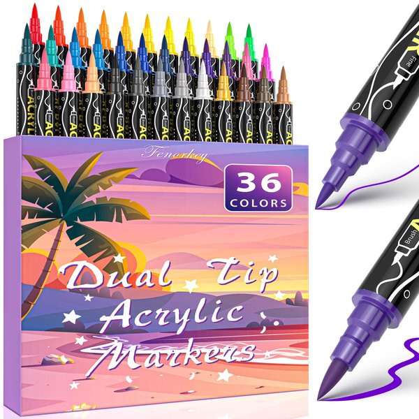 36 Colors Acrylic Paint Markers, Dual Tip Acrylic Paint Pens with Premium Fine Tip and Brush Tip for Stone, Wood, Paper, Canvas, Fabric, Glass, Rock Painting, Ceramic Surfaces, DIY Art Supplies