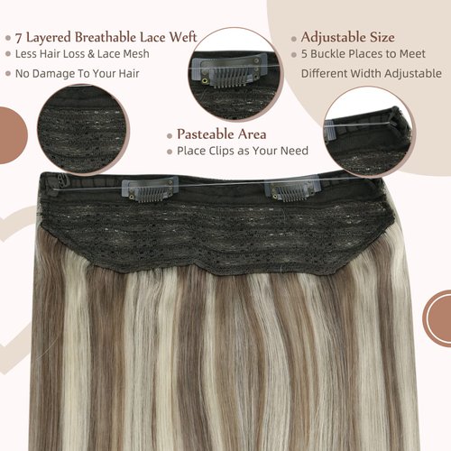 Fshine Invisible Wire Hair Extensions Real Human Hair Ash Brown Highlighted Platinum Blonde Remy Hair Wire Invisible Wire Hairpiece One Piece Hair Extensions Clip in Human Hair 14 Inch 70g