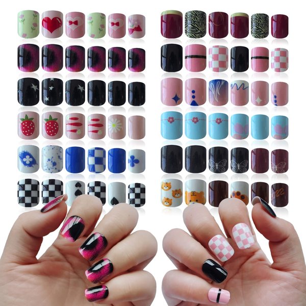 LoveOurHome 288pc Kids Press on Nails Short Square Fake Nails Cute Heart Animal Flower Star Design French False Artificial Fingernails Women Children Girls Manicure Decorations