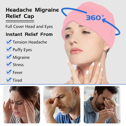 Headache Relief Hat for Migraine, Headache Migraine Relief Cap for Tension Headache Migraine Relief, One Size Fits All Headache Cap with Reusable Ice Gel Pack for Puffy Eyes, Stress Relief (Pink)
