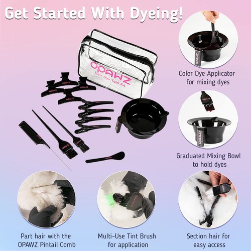 OPAWZ 16Pcs Hair Dye Coloring Kit, Brush and Mixing Bowl Set, Hair Dye Tools Kit, Include Mixing Bowl, Applicator, Clips, Brushes, Comb, Gloves and Reusable Travel Bag for DIY Salon