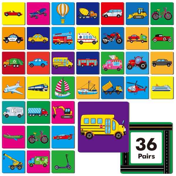 Vehicle Matching Game, 72 PCS Traffic Memory Matching Cards for Toddlers 36 Pairs Transportation Memory Cards Educational Toys for Preschool Boys & Girls 4 5 6 Years Old