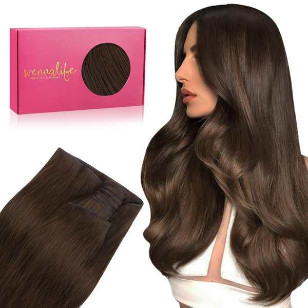 WENNALIFE Genius New Weft Hair Extensions Real Human Hair, 16" 50g Chocolate Brown Sew in Hair Extensions Natural Luxury Remy Human Hair Extensions for Women Straight Invisible Extensiones de Cabello