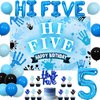 Hi Five Birthday Party Decorations Boy, Blue 5th Birthday Decorations Backdrop Cake Cupcake Topper Blue Black Balloon Number 5 High Five Foil Balloon for Boy 5 Year Old Birthday Party