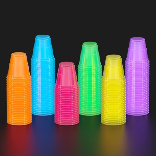 Exquisite Blacklight Party Glow Cups - 60 Pack 2 Oz - Assorted Colors - Disposable Cups For Party - Blacklight Reactive Glow In The Dark Cups For Birthday Party - Food Safe - Neon Cups