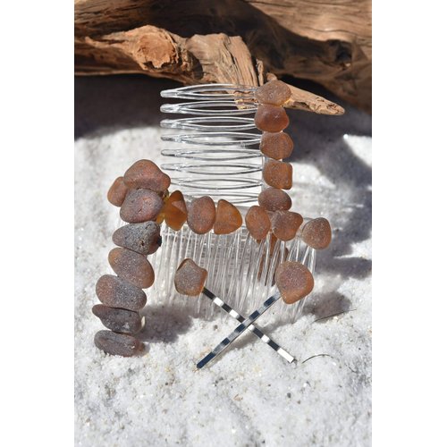 Genuine Surf Tumbled Brown Sea Glass Hair Clip Set - Includes 2 Hair Combs, 1 60 mm French Barrette, 2 Hair Pins
