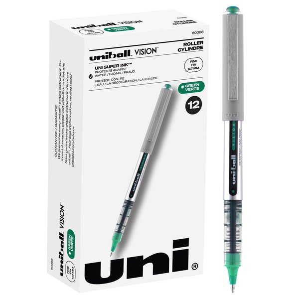 Uniball Vision Rollerball Pens, Green Pens Pack of 12, Fine Point Pens with 0.7mm Medium Green Ink, Ink Black Pen, Pens Fine Point Smooth Writing Pens, Bulk Pens, and Office Supplies