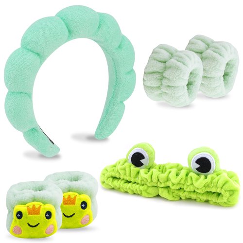 VELSCRUN 6 Pack Spa Headband, Makeup Headband, Face Wash Headband, Skincare Headbands, Green Sponge Hair Band Bow Tie Spa Headband for Washing Face Wristband Set Hair Accessories for Women Gifts