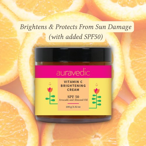 Auravedic Vitamin C Face Cream with SPF 50 | Reduces Sun Damage & Revives Dull Skin | Organic Hydration | Argan & Avocado Oil Infused Sunscreen Moisturizer | 3.53 Oz (100g)