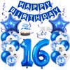 Daimay 16th Birthday Party Decorations Blue Happy Birthday Banner Flag Latex Confetti Balloons Number 16 Foil Balloon Star Mylar Balloons Cake Topper for Men Women Anniversary Party Supplies