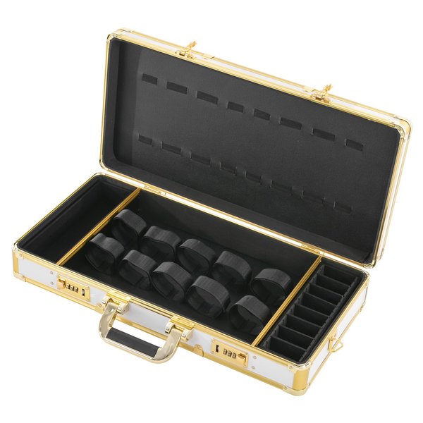 Barber Case, Professional Barber Travel Carry Cases for Clippers and Supplies Storage, Hair Stylist Tool Kits Organizer Beauty Salon Barber Box with Shoulder Strap & Code Lock (White&Gold)