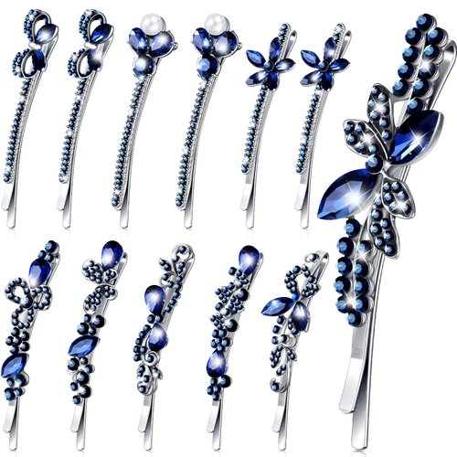 12 Pcs Vintage Blue Crystal Rhinestone Hair Pins Side Clip Sapphire Bobby Pins Decorative Navy Blue Hair Accessories Something Blue Hair Clip Wedding Flower Butterfly Hair Barrettes for Women Girls