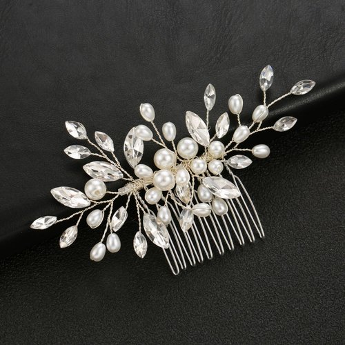 Casolvx Handmade Pearl Crystal Hair Comb Silver Hair Comb Pearl Crystal Wedding Accessories Crystal Hairpin Bridesmaid Gift Pearl Hair Comb for Women and Teen girls (Silver)