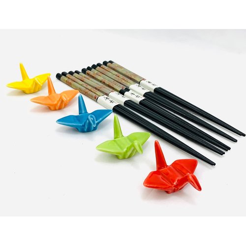 JapanBargain 4823, Set of 5 Bamboo Chopsticks and Porcelain Crane Chopsticks Rest Holder Gift Set