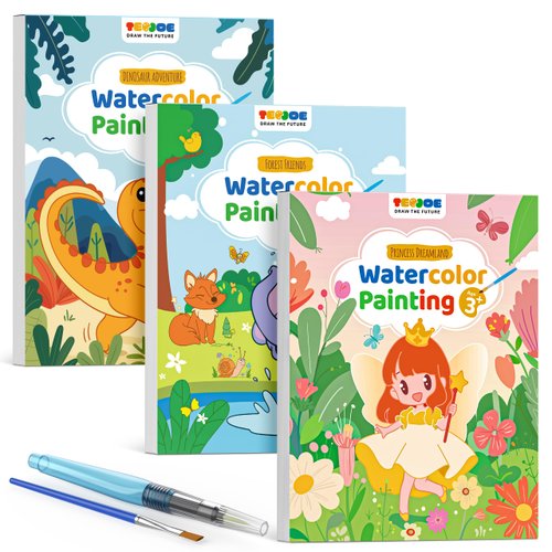 TECJOE 3 Pack Paint With Water Coloring Books for Toddlers, Watercolor Paint Set with 6 Brushes, Painting Activity for Kids Ages 4-8, Christmas Gift arts & Crafts Toy, Princess, Dinosaur & Forest