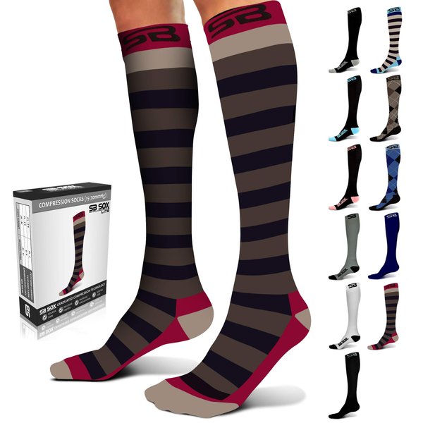 SB SOX Lite Compression Socks (15-20mmHg) for Men & Women – Best Socks for All Day Wear! (Stripes - Gray/Purple, S/M)