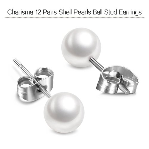 Charisma 8mm Composite Pearl Earrings Round Ball Pearls Stud Earrings Hypoallergenic 12 Pairs Imitation Pearl Earrings Set for Girls Women
