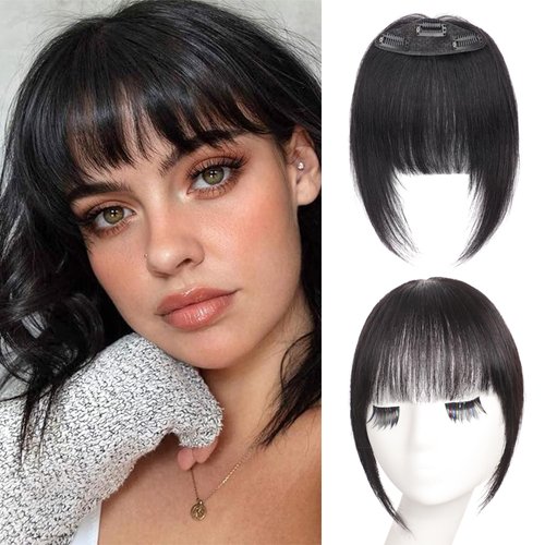 Clip In Bangs-Fake Bangs Hair Clip 100% Real Human Hair Extensions 3 Secure Clips in Full Fringe French Bangs for Women Curved Bangs for Daily Wear （Off Black）