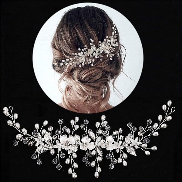 Rosarden Flower Bride Wedding Hair Vine - Shiny Crystal Pearl Diamond Long Hair Band - Girls' Wedding Hair Accessories - Women's Dancing Party Hair Accessories - Elegant Wedding Headwear, Clear