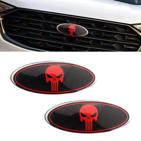 UGSHY Pack of 2 Front Grille Emblem, Central Mesh Cover Label, Rear Tailgate Emblem Badge Nameplate, Compatible with Ford F150 F250 F350 (Skull Red)