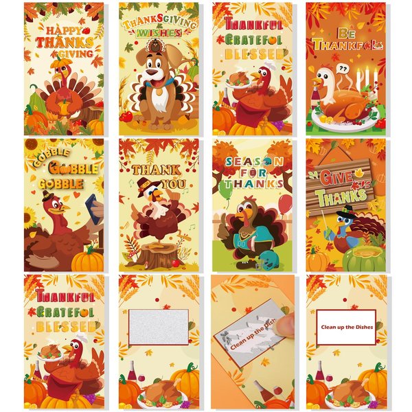 HOWAF 24pcs Thanksgiving Party Cards, Fun Thanksgiving Turkey Day Scratch Cards for Friendsgiving Thanksgiving Fall Harvest Family Party Game Supplies, Thanksgiving party Scratch off Cards