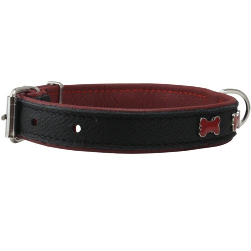 Genuine Black Leather Metal Bone Studs Soft Black Leather Padded Dog Collar 5/8" Wide. Fits 10"-12" Neck.