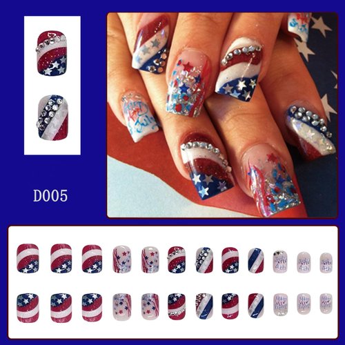 Press on Nails Short Square Independence Day Full Cover Glossy Acrylic Rhinestone False Nails with Patriotic Designs Artificial Coffin July 4th Holiday Fake Nails Glue Stick on Fingernails for Women