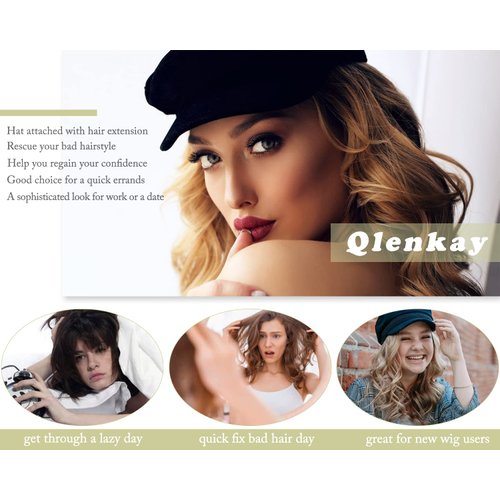 Qlenkay Newsboy Cap with Bob Hair Extensions Khaki Hat Wig 8 Panel Visor Beret Attached Synthetic 14'' Short Curly Wavy Hairpiece for Woman Light Chestnut Brown