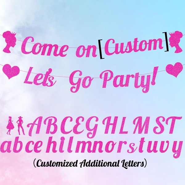 Hot Pink Come On Let'S Go Party Glitter Paper Banner Princess Bachelorette Party Decorations Bling Pink Heart Crown Doll Head Girl Banner Backdrop Women Girl 21St Birthday Princess Themed Party Decor