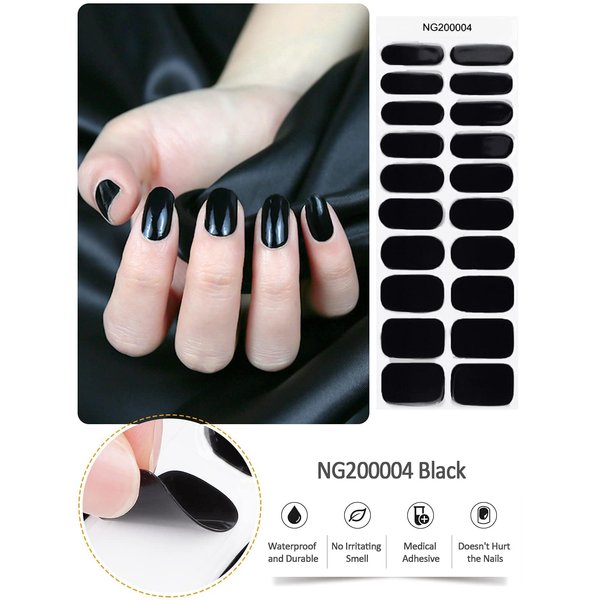 20Pcs Cured Gel Nail Polish Strips, EBANKU Black Adhesive Full Wrap Gel Nail Art Sticker, Waterproof Gel Nail Wrap Stickers with Nail File and Stick（UV/LED Lamp Required）