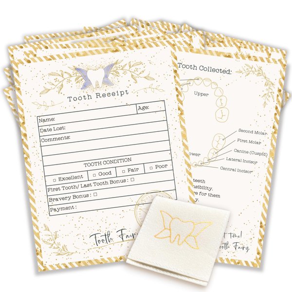 20 Moments of Tooth | 20 Tooth Fairy Receipt Cards and 1 Tooth Fairy Bag | Tooth Fairy Gifts for Boys and Girls | Tooth Fairy Certificate Keepsake for Kids (Light Gold, 4.25x5.5 in)