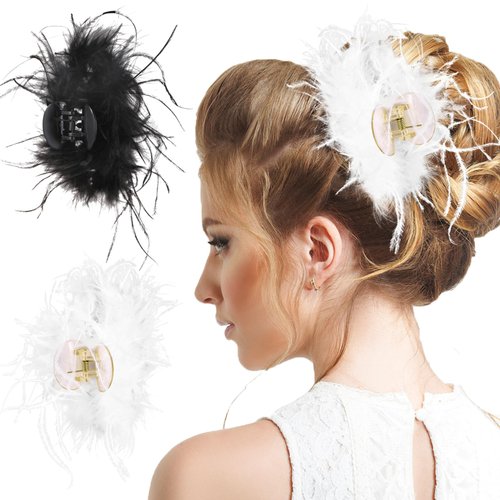 QXUJI 2PCS Feather Hair Claw Jaw Clips, Non-Slip Hair Barrettes Accessory for 1920s Costume, Strong Hair Grip Clamps for Thick Hair, for Women Girls Cosplay Show, Dancing Party, Classic Dress Up