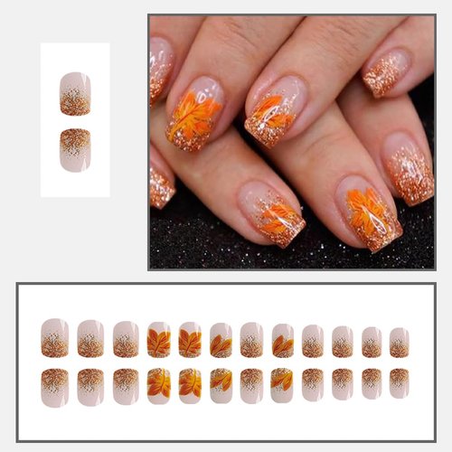 24Pcs Fall Fake Nails Glitter French Tip Press on Nails Short Maple Leaf False Nails Autumn Stick on Nails Maple Leaves Acrylic Artificial Nails for Women Girls Thanksgiving Glue on Nails Decoration