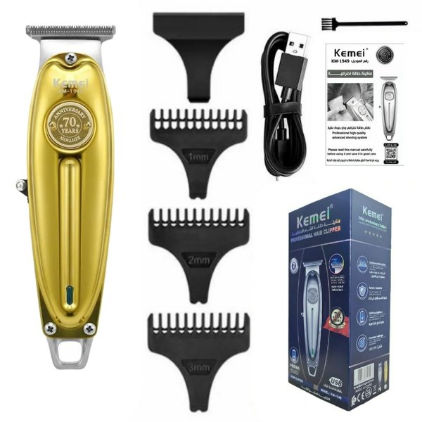 KEMEI Professional Beard & Hair Trimmer for Men, Cordless T-Blade Trimmer, Electric Hair Clippers for Barbers and Stylists, All Body Grooming-Model 1949 Gold