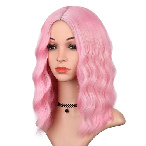 BEAUTIFA Pink Wig for Women Wavy Curly Light Pink Bob Wigs Middle Part 14 Inch Shoulder Length Heat Resistant Synthetic Colorful Wig