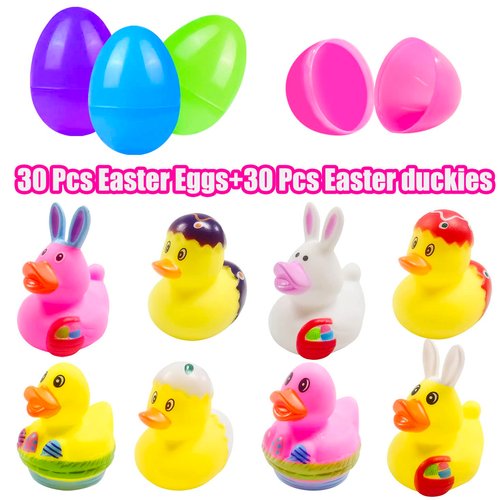 30 Pcs Prefilled Easter Eggs with Bunny Duckies,Bright Colorful Easter Eggs Prefilled with Variety Duckies for Fun Bath Bunny Duckies, Easter Basket Stuffers and Bathtub Toys Party Favors