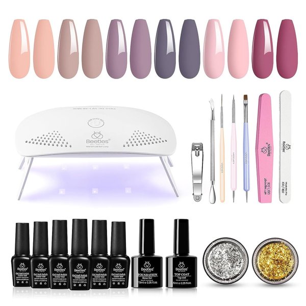 Beetles Gel Nail Polish Kit with U V Light Starter Kit, Gel Polish Soak Off Nude Gray Purple Mauve Light Pink Gel Polish Kit with UV LED Nail Lamp Base Gel Top Coat DIY Home Gift for Her
