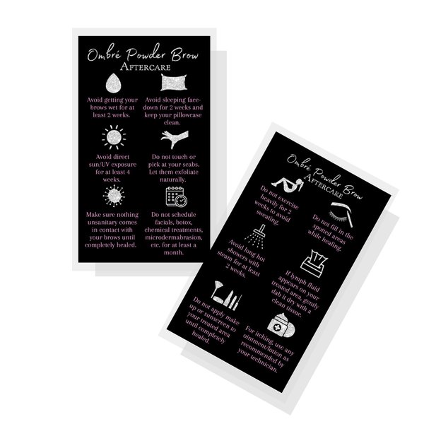 Ombre Powder Brow Aftercare Instructions Cards | Package of 50 | Size 2x3.5" inches Business Card | Black, Silver Glitter, and Light Pink Design