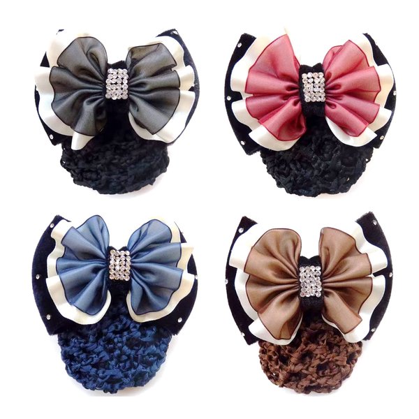 4 Pieces Hair Barrette Hair Clips with Snood Hair Snood with Clips Hair Clips with Big Bowknot Hairnet Bun Cover Set for Girls and Women(Red/Blue/Black/Brown)