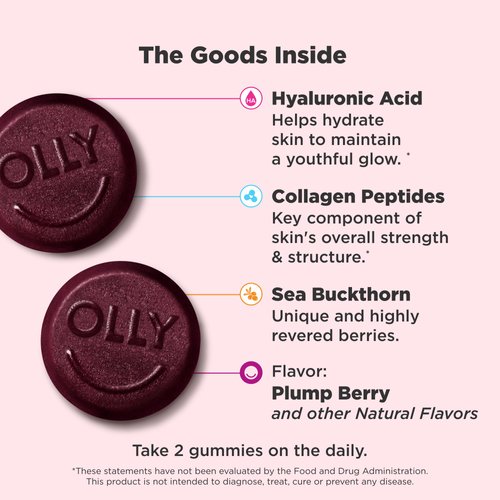 OLLY Glowing Skin Gummy, Hydrated & Youthful Skin,* Hyaluronic Acid, Collagen Peptides, Sea Buckthorn, Plump Berry Flavor, 25 Day Supply - 50 Count