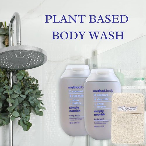 McKenzie Davis Method Body Wash, Travel Size, Simply Nourish, Coconut, Rice Milk, and Shea Butter, 3.4 Fluid Ounce, Pack of 2, Bundle with Deep Cleaning Loofa Sponge